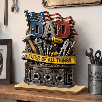 Dad Fixer of All Things Personalized 2-Layer Wooden Plaque, Creative Gift with Tools & Flag