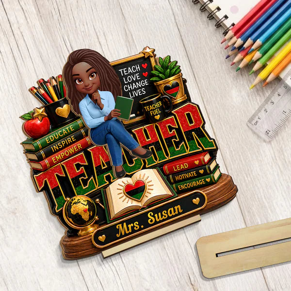 Personalized 2-Layer Wooden Plaque, Sitting Teacher Classroom Art, Unique Creative Gift for Teacher