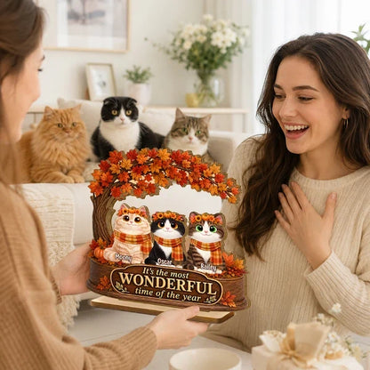 Personalized 2-Layer Wooden Plaque with Cats Under Autumn Leaves, Unique Creative Gift for Cat Lovers