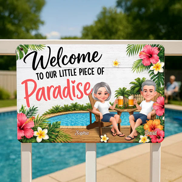 Personalized Rectangular Iron Sign with Sitting Couple, Tropical Pool Welcome Decor, Unique Gift for Couples