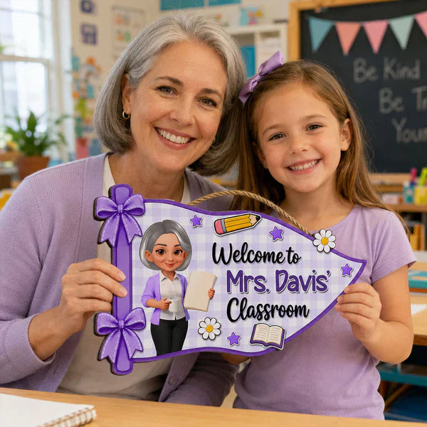 Personalized Wooden Sign for Teacher Classroom Door, Cute Pennant Welcome Decor, Unique Teacher Gift