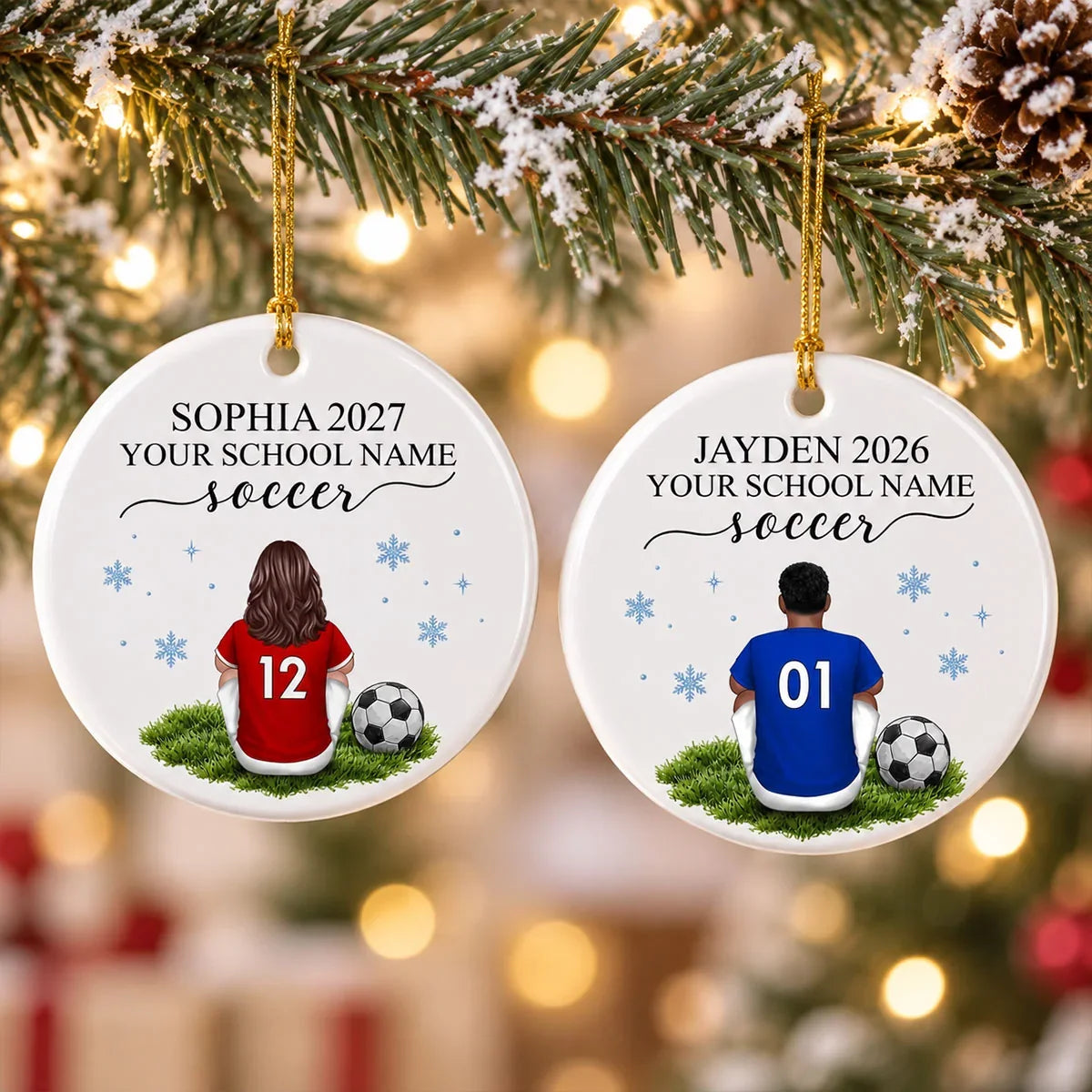 Personalized Ceramic Ornament, Seated Soccer Player in Red Jersey, Unique Christmas Gift for Athletes