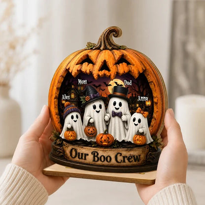 Our Boo Crew 2-Layer Wooden Plaque, Personalized Ghost Family at a Haunted House, Creative Gift for Mom & Dad
