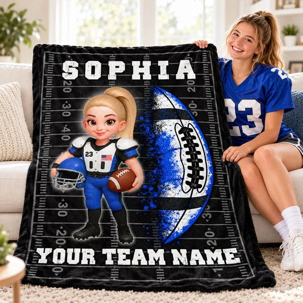 Personalized Fleece Blanket, Cartoon Football Player Holding a Ball, Unique Gift for Son or Grandson
