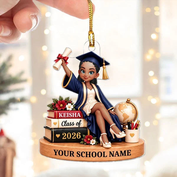 Personalized Graduation Acrylic Ornament, Diploma-Holding Graduate with Books, Creative Keepsake Gift for Her