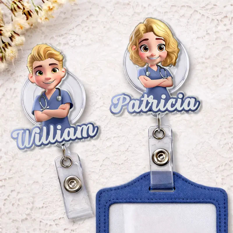 Personalized Acrylic Badge Reel with Cartoon Nurse, Unique Creative Gift for Healthcare Workers