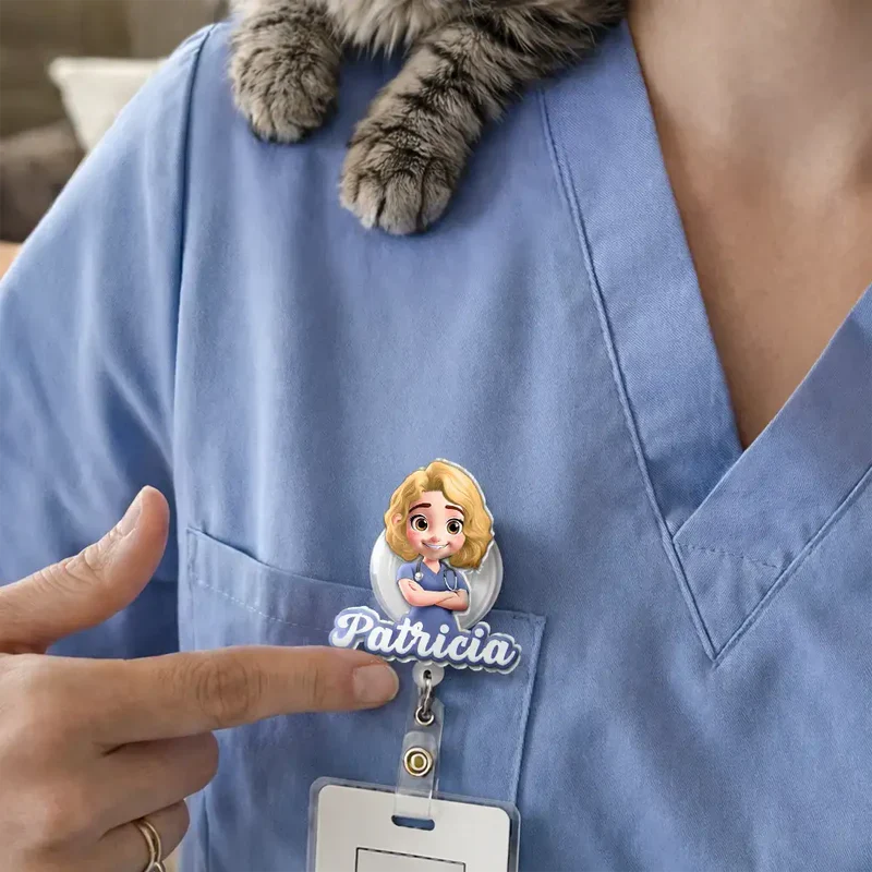 Personalized Acrylic Badge Reel with Cartoon Nurse, Unique Creative Gift for Healthcare Workers