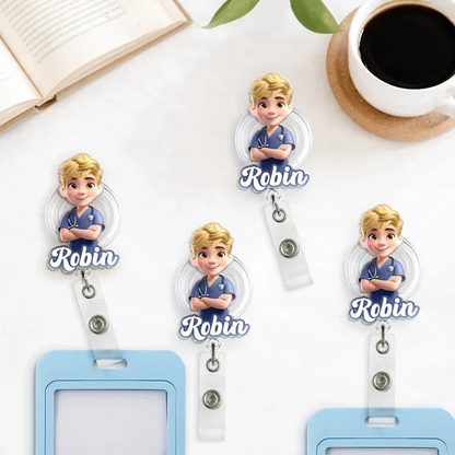 Personalized Acrylic Badge Reel with Cartoon Nurse, Unique Creative Gift for Healthcare Workers