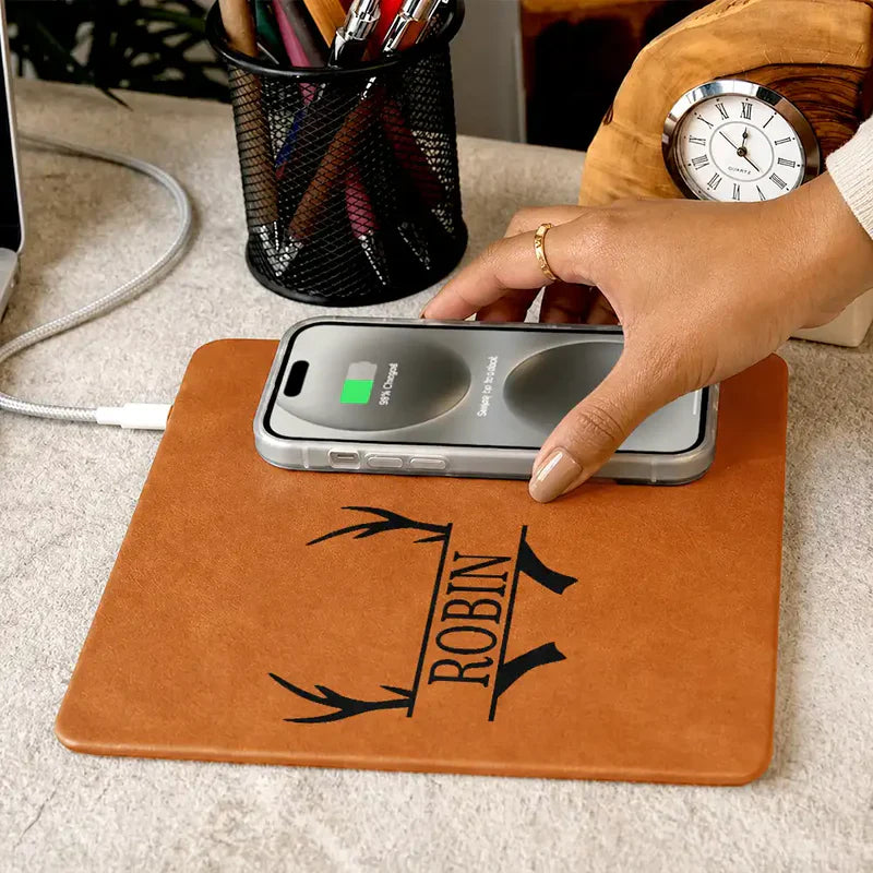 Personalized Leather Charging Mat with Monogram Design, Unique Gift for Desk Lovers