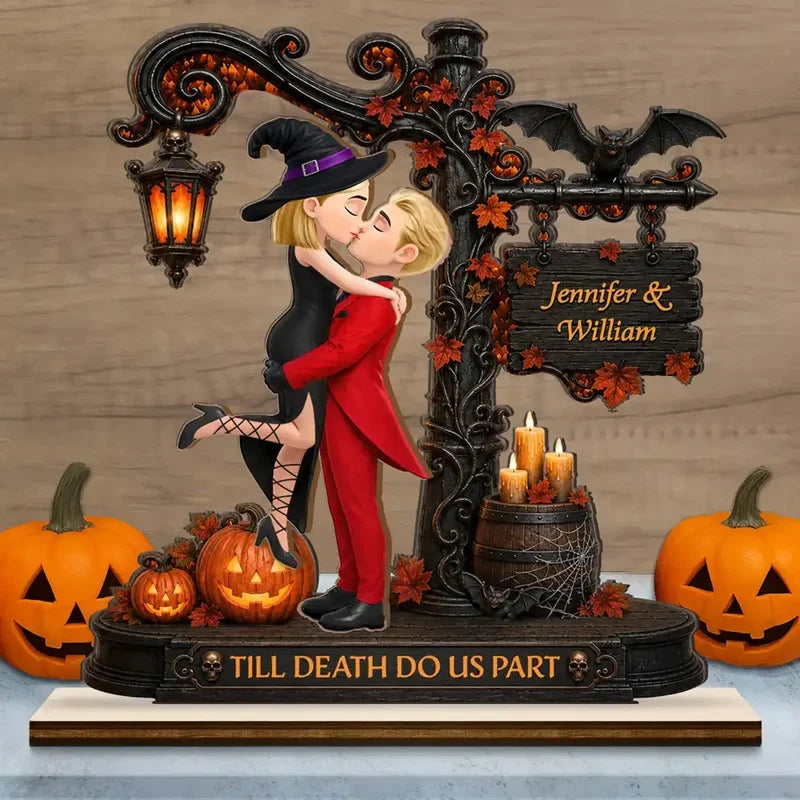 Till Death Do Us Part Wooden Plaque, Personalized Kissing Couple Halloween Scene, Creative Gift for Partners