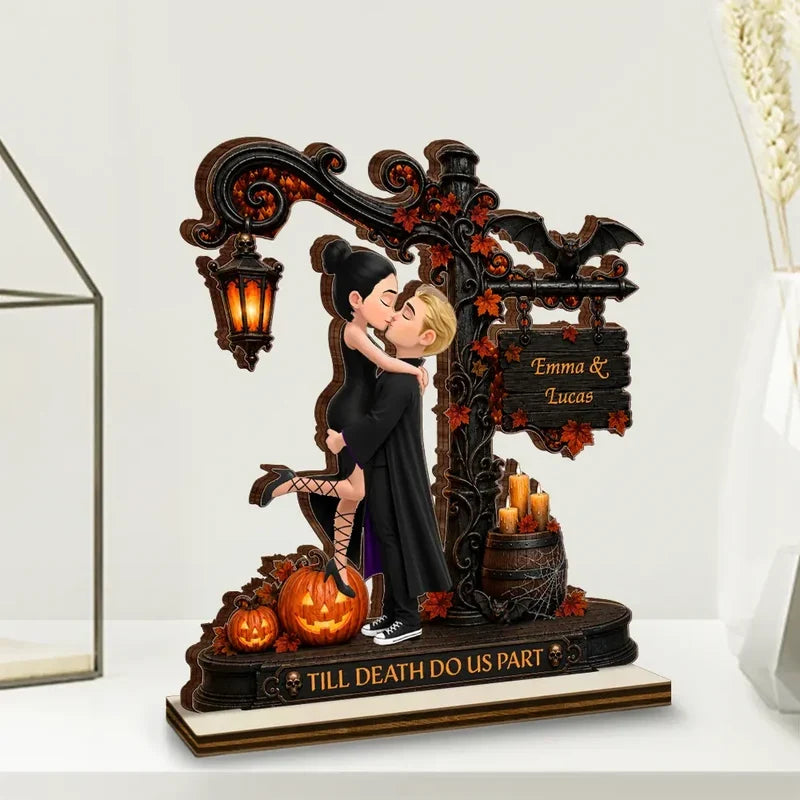 Till Death Do Us Part Wooden Plaque, Personalized Kissing Couple Halloween Scene, Creative Gift for Partners