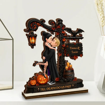 Till Death Do Us Part Wooden Plaque, Personalized Kissing Couple Halloween Scene, Creative Gift for Partners