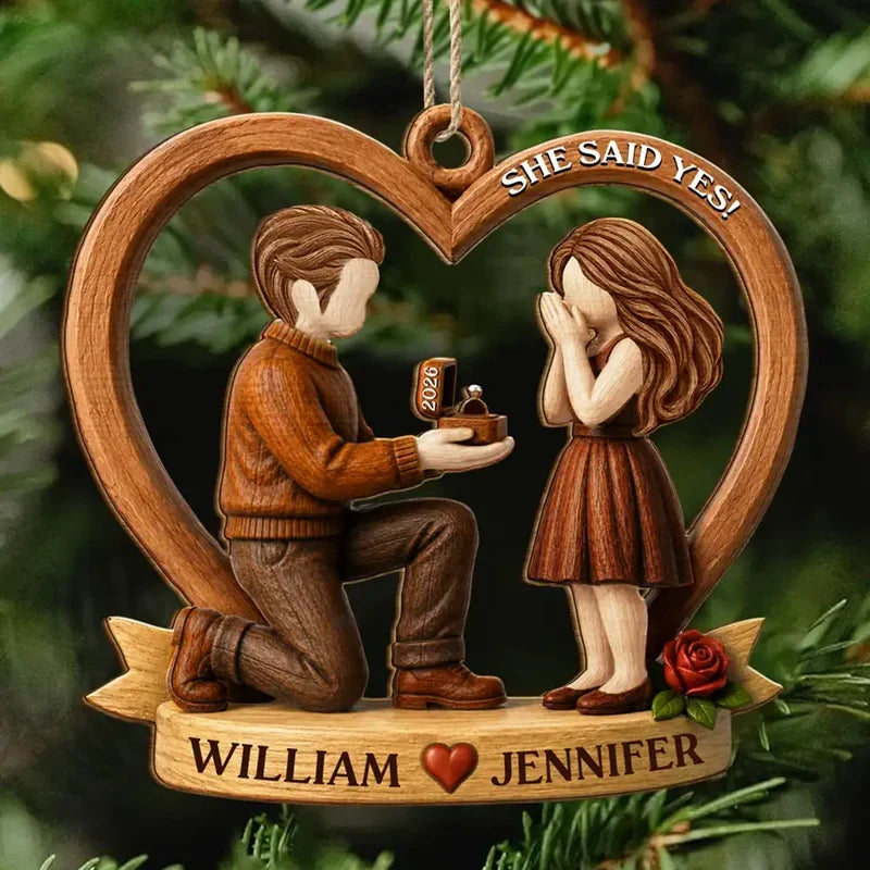 Personalized Wooden Ornament, Warm Brown Kneeling Proposal Scene, Unique Creative Gift for an Engaged Couple