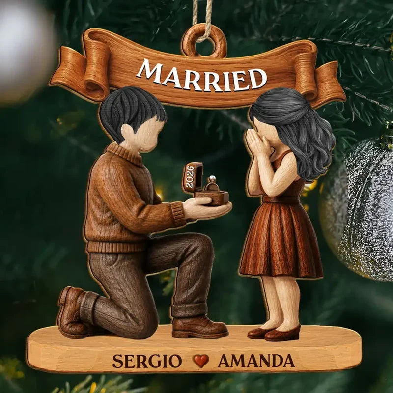 Personalized Wooden Ornament, Warm Brown Kneeling Proposal Scene, Unique Creative Gift for an Engaged Couple