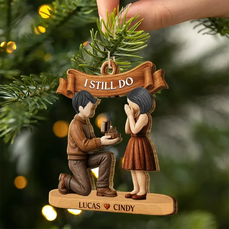 Personalized Wooden Ornament, Warm Brown Kneeling Proposal Scene, Unique Creative Gift for an Engaged Couple