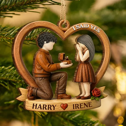 Personalized Wooden Ornament, Warm Brown Kneeling Proposal Scene, Unique Creative Gift for an Engaged Couple