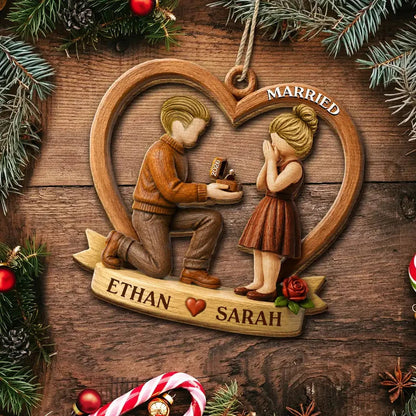 Personalized Wooden Ornament, Warm Brown Kneeling Proposal Scene, Unique Creative Gift for an Engaged Couple