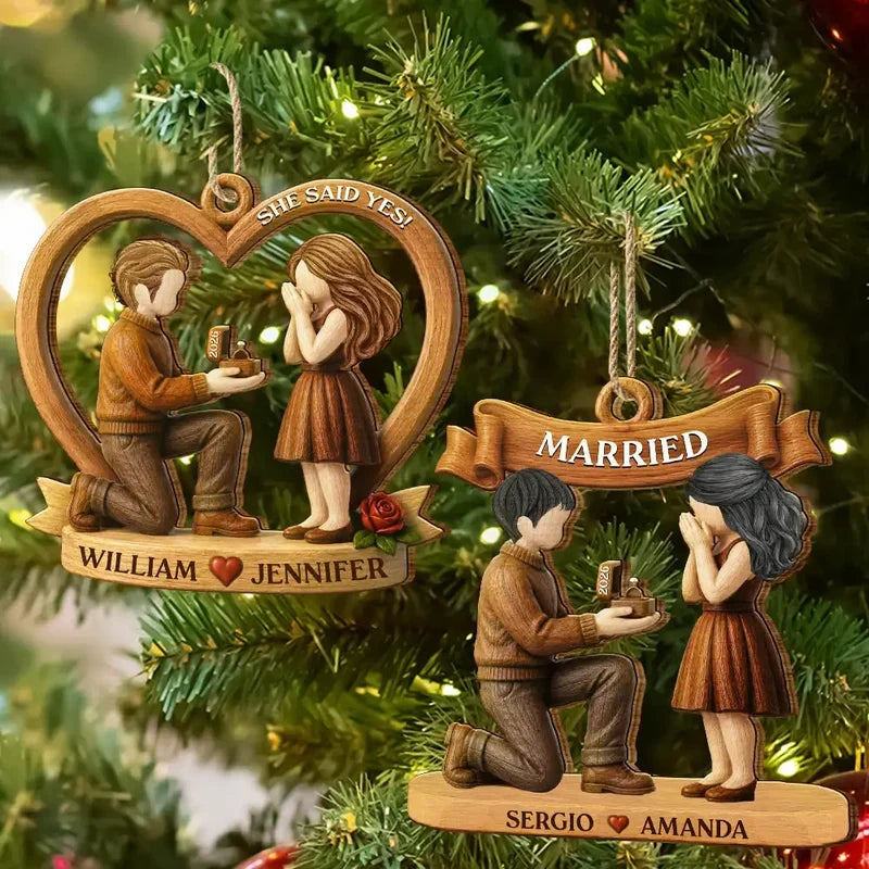Personalized Wooden Ornament, Warm Brown Kneeling Proposal Scene, Unique Creative Gift for an Engaged Couple