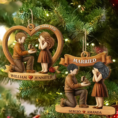 Personalized Wooden Ornament, Warm Brown Kneeling Proposal Scene, Unique Creative Gift for an Engaged Couple