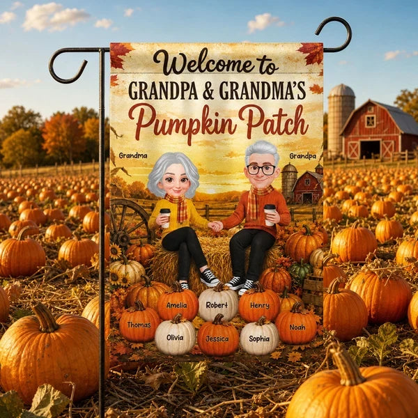 Grandparents Holding Hands in a Pumpkin Patch Garden Flag, Personalized Family Welcome, Creative Fall Gift