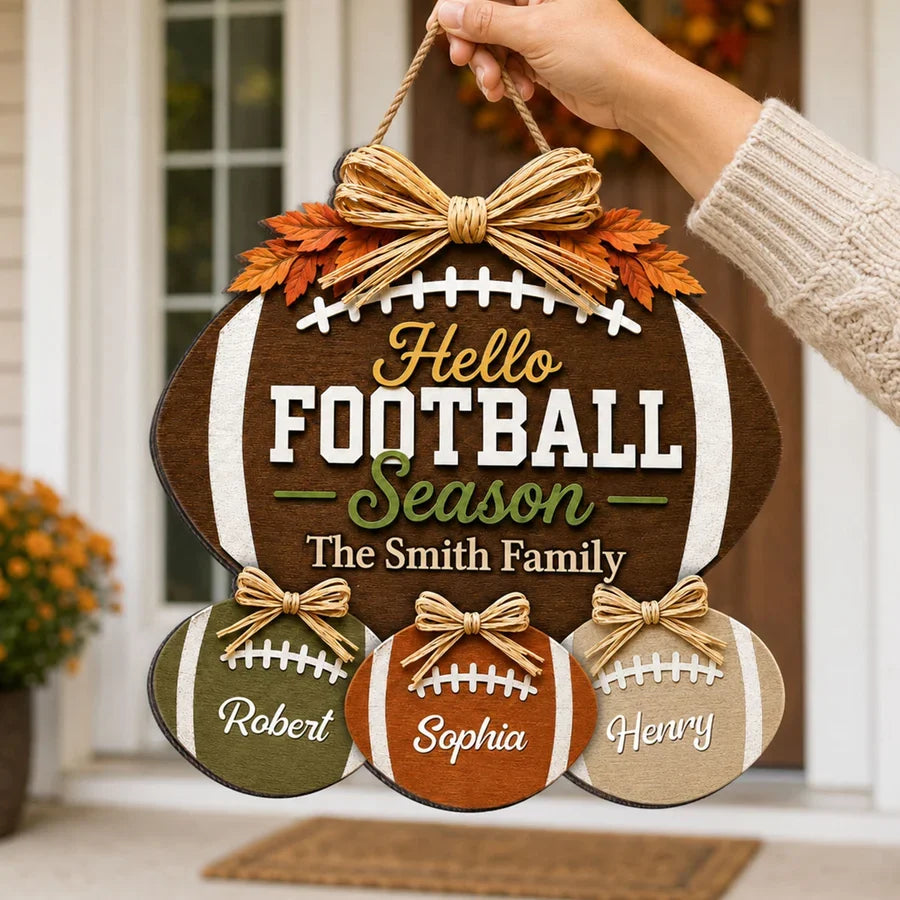 Wooden Sign with Football and Fall Leaves, Personalized Family Decor, Creative Gift for American Football Fans