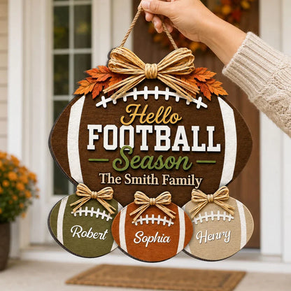 Wooden Sign with Football and Fall Leaves, Personalized Family Decor, Creative Gift for American Football Fans