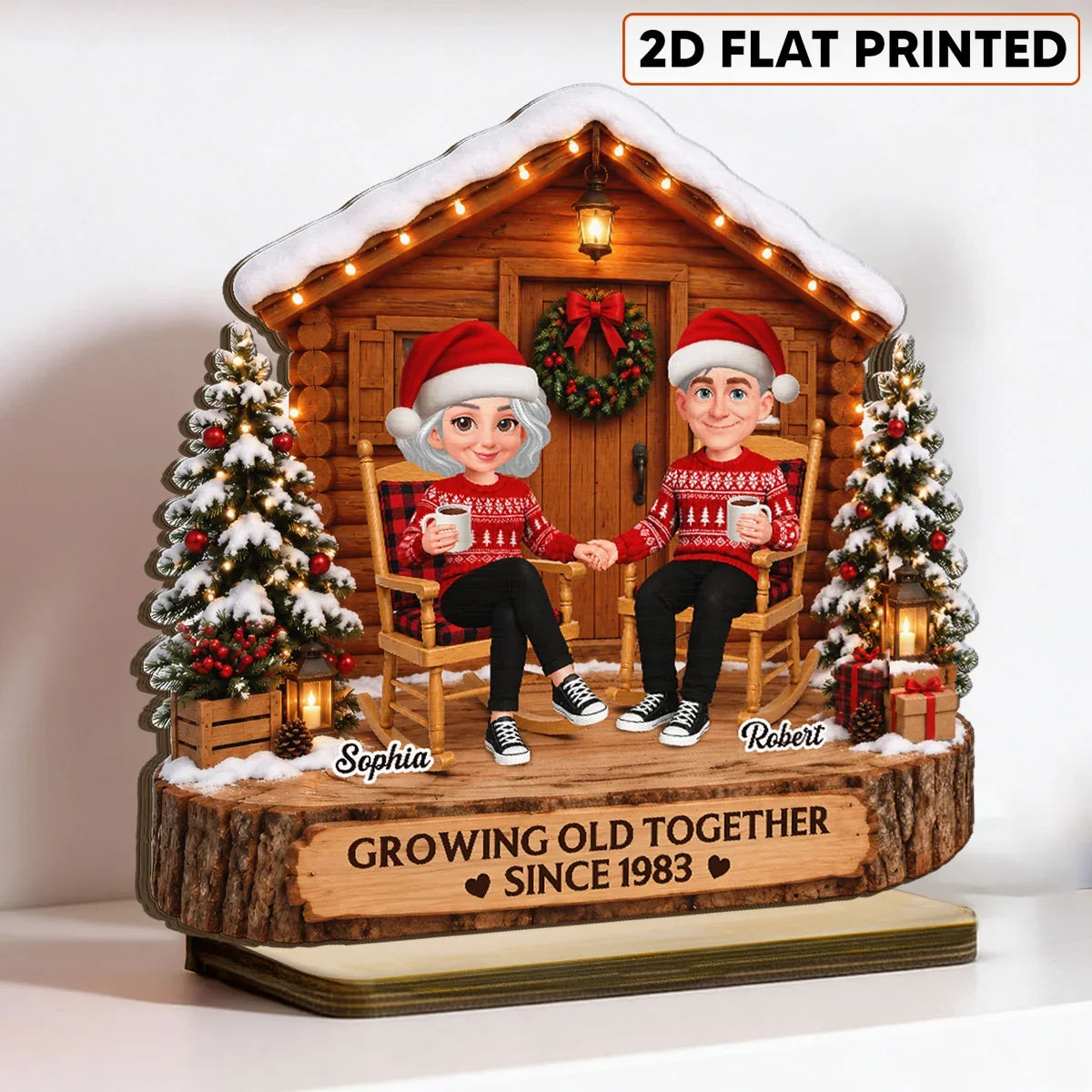 Personalized 2-Layer Wooden Plaque, Couple Holding Hands by a Christmas Cabin, Unique Anniversary Gift