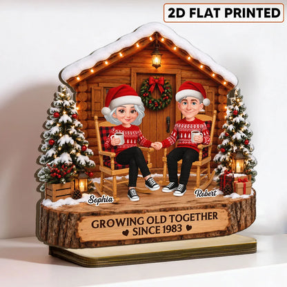Personalized 2-Layer Wooden Plaque, Couple Holding Hands by a Christmas Cabin, Unique Anniversary Gift
