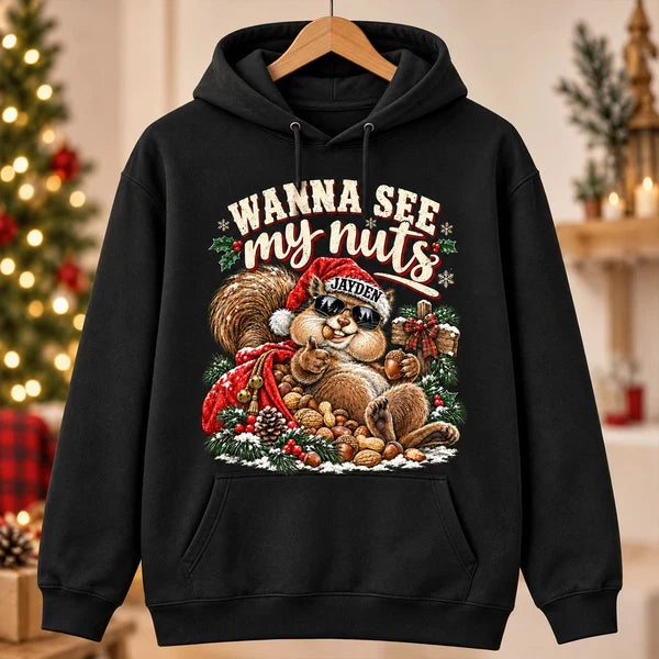 Personalized Funny Christmas Sweatshirt, Wanna See My Nuts Santa Squirrel, Unique Gift for Him