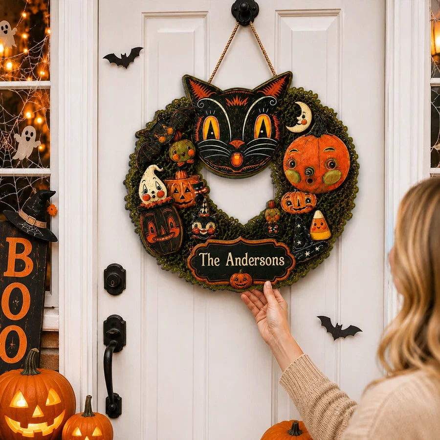 Personalized Wooden Sign, Whimsical Black Cat Halloween Keepsake, Creative Gift for Cat Lovers