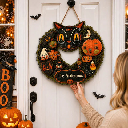 Personalized Wooden Sign, Whimsical Black Cat Halloween Keepsake, Creative Gift for Cat Lovers