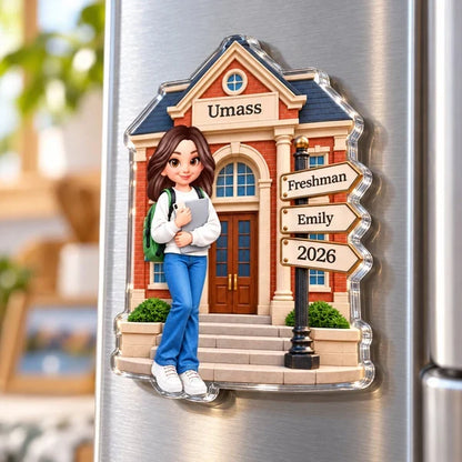 Personalized Acrylic Magnet, Student Holding a Notebook at Campus, Unique Freshman Gift