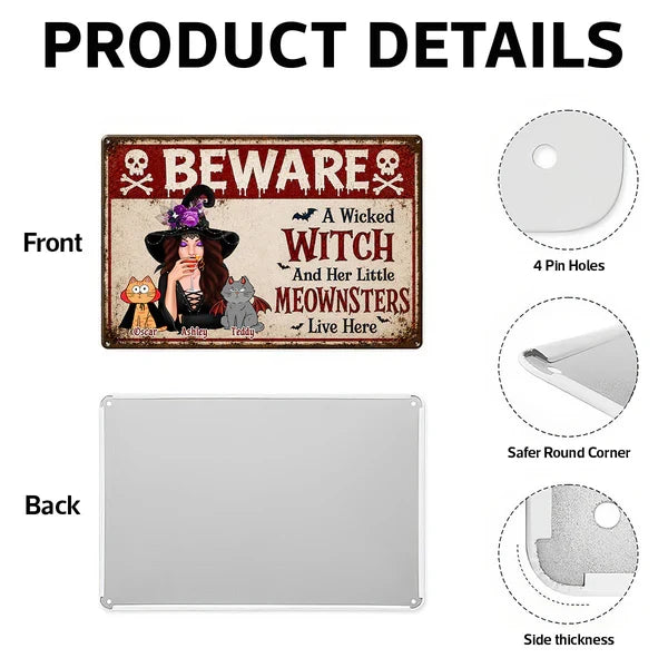 Personalized Rectangular Iron Sign, Witch Sipping with Costumed Cats, Unique Halloween Gift for Cat Lovers
