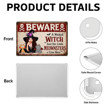 Personalized Rectangular Iron Sign, Witch Sipping with Costumed Cats, Unique Halloween Gift for Cat Lovers