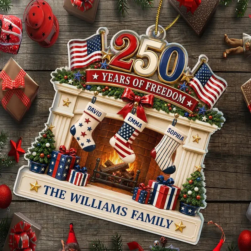 Personalized America 250th Anniversary Acrylic Ornament, U.S. Flag Family Christmas Keepsake with Custom Stockings