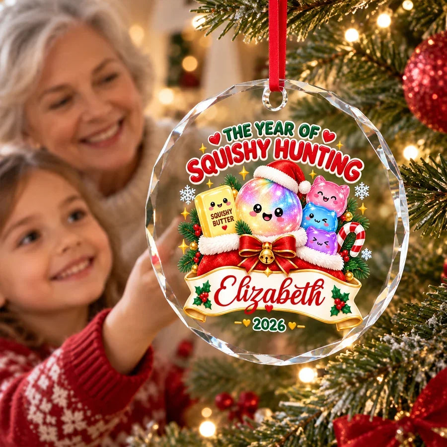 Personalized Crystal Ornament, Kawaii Squishy Hunting on a Christmas Tree, Unique Gift for Kids