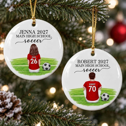 Personalized Ceramic Ornament, Seated Soccer Athlete on Field, Unique Christmas Gift for Soccer Player