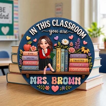 Personalized Wooden Sign With Cartoon Teacher, Books & Flowers, Unique Classroom Gift