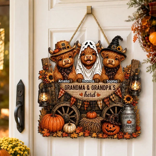 Personalized Wooden Sign with Costumed Highland Cows and Pumpkin Wagon, Unique Fall Gift for Grandparents