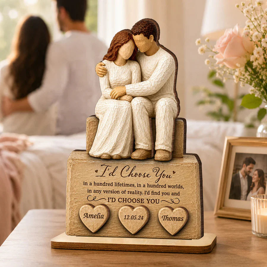 Personalized 2-Layer Wooden Plaque with Embracing Couple, I'd Choose You Quote, Unique Anniversary Gift