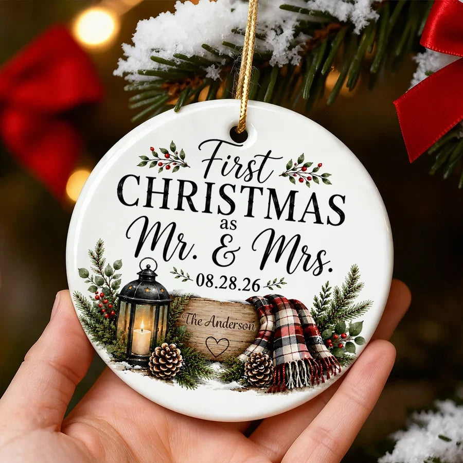 Personalized Ceramic Ornament, Rustic First Christmas as Mr & Mrs Keepsake, Unique Gift for Newlywed Couple