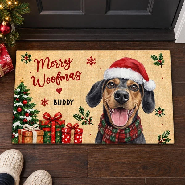 Personalized Standard Doormat with Watercolor Dog in Santa Hat, Festive Entryway Decor, Unique Gift for Dog Lovers
