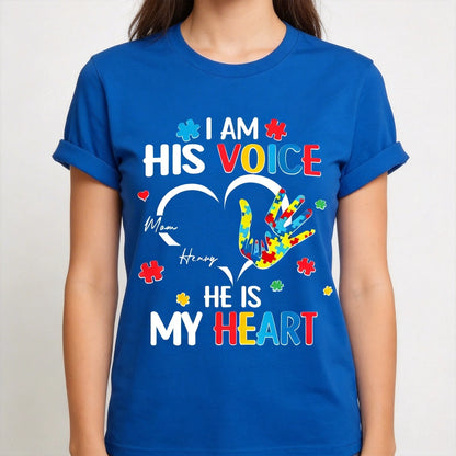 Personalized Autism Awareness Classic Tee I Am His Voice He Is My Heart Puzzle Hand Unique Gift for Mom