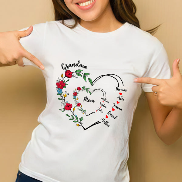 Custom Grandma and Mom Heart Shirt – Personalized Classic Tee, Hoodie, and Sweatshirt with Family Names, Perfect Girft for Mother and Grandma