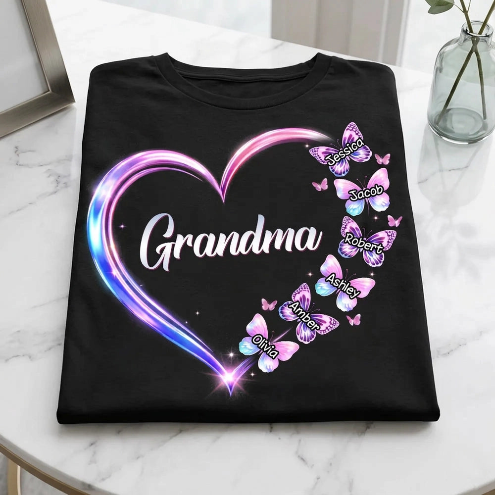 Personalized Grandma Butterfly Heart Classic Tee, Custom Keepsake Gift for Grandma, Glowing Neon Style Love Design