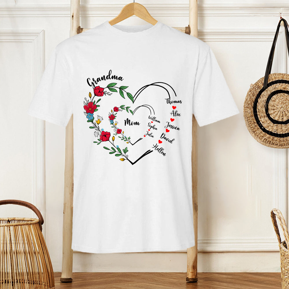 Custom Grandma and Mom Heart Shirt – Personalized Classic Tee, Hoodie, and Sweatshirt with Family Names, Perfect Girft for Mother and Grandma