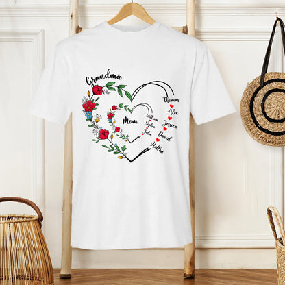 Custom Grandma and Mom Heart Shirt – Personalized Classic Tee, Hoodie, and Sweatshirt with Family Names, Perfect Girft for Mother and Grandma