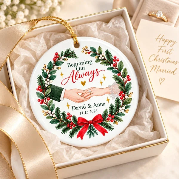 Personalized Ceramic Ornament with Couple Holding Hands and Christmas Wreath, Unique Gift for Couples