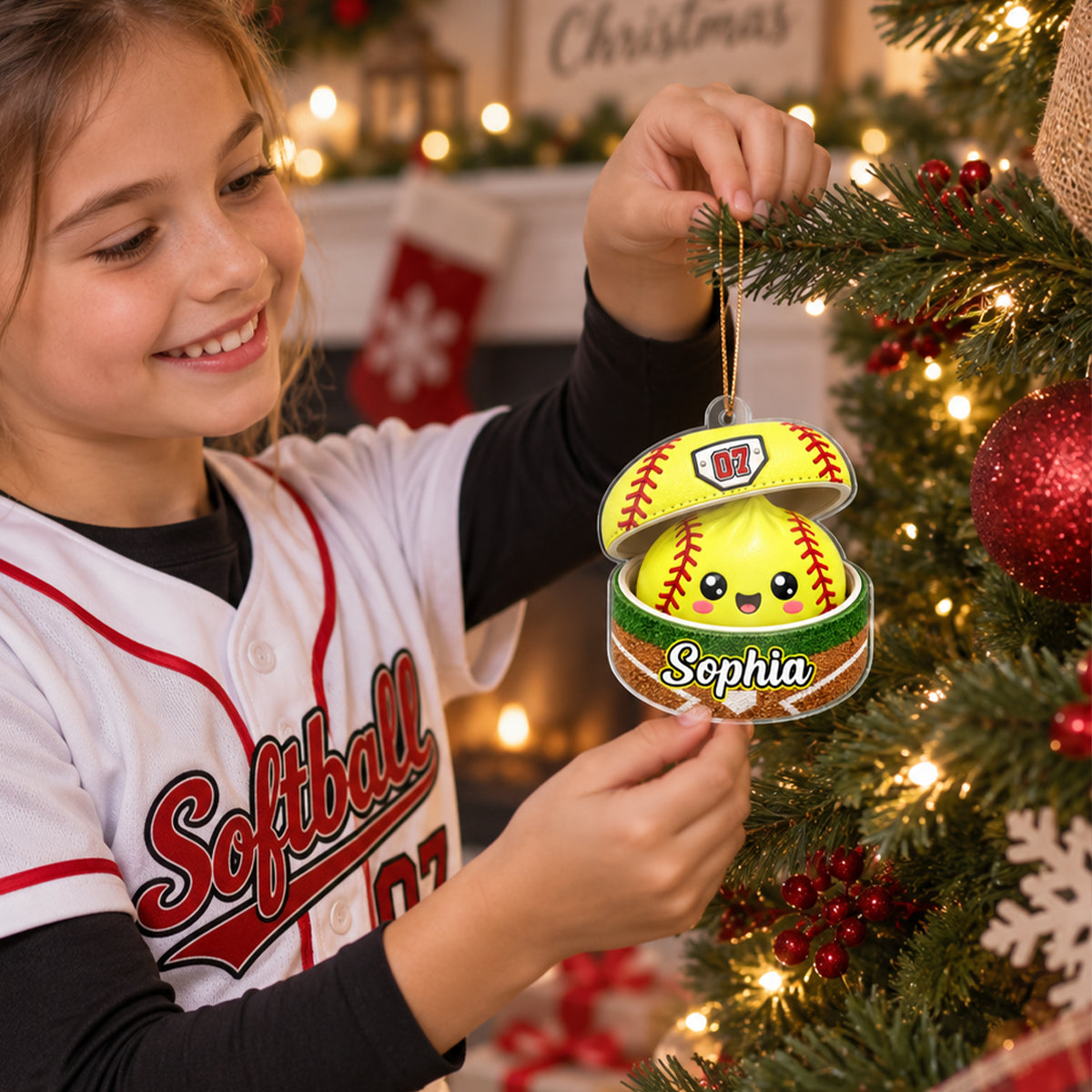 Personalized Softball Dumpling Acrylic Ornament, Cute Yellow Tree Decor, Unique Christmas Gift for Daughter, Son, Grandkids