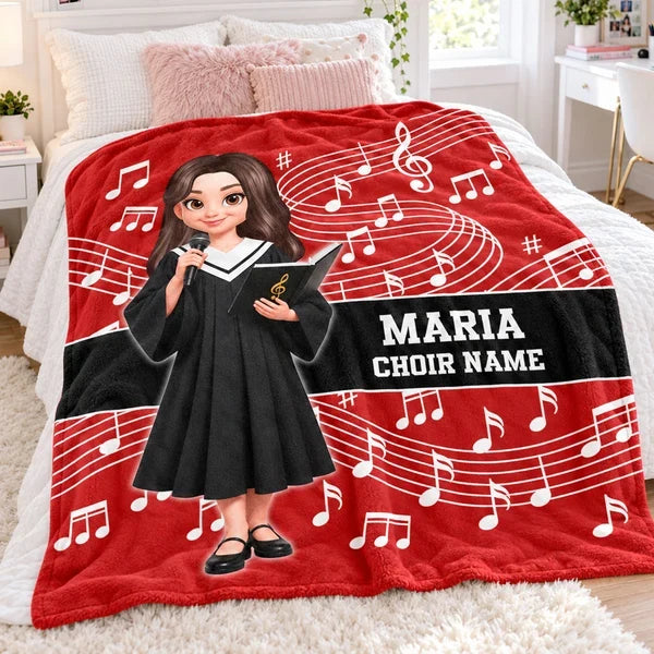 Personalized Fleece Blanket, Red Choir Graduate Holding a Microphone, Unique Music Gift for Singers